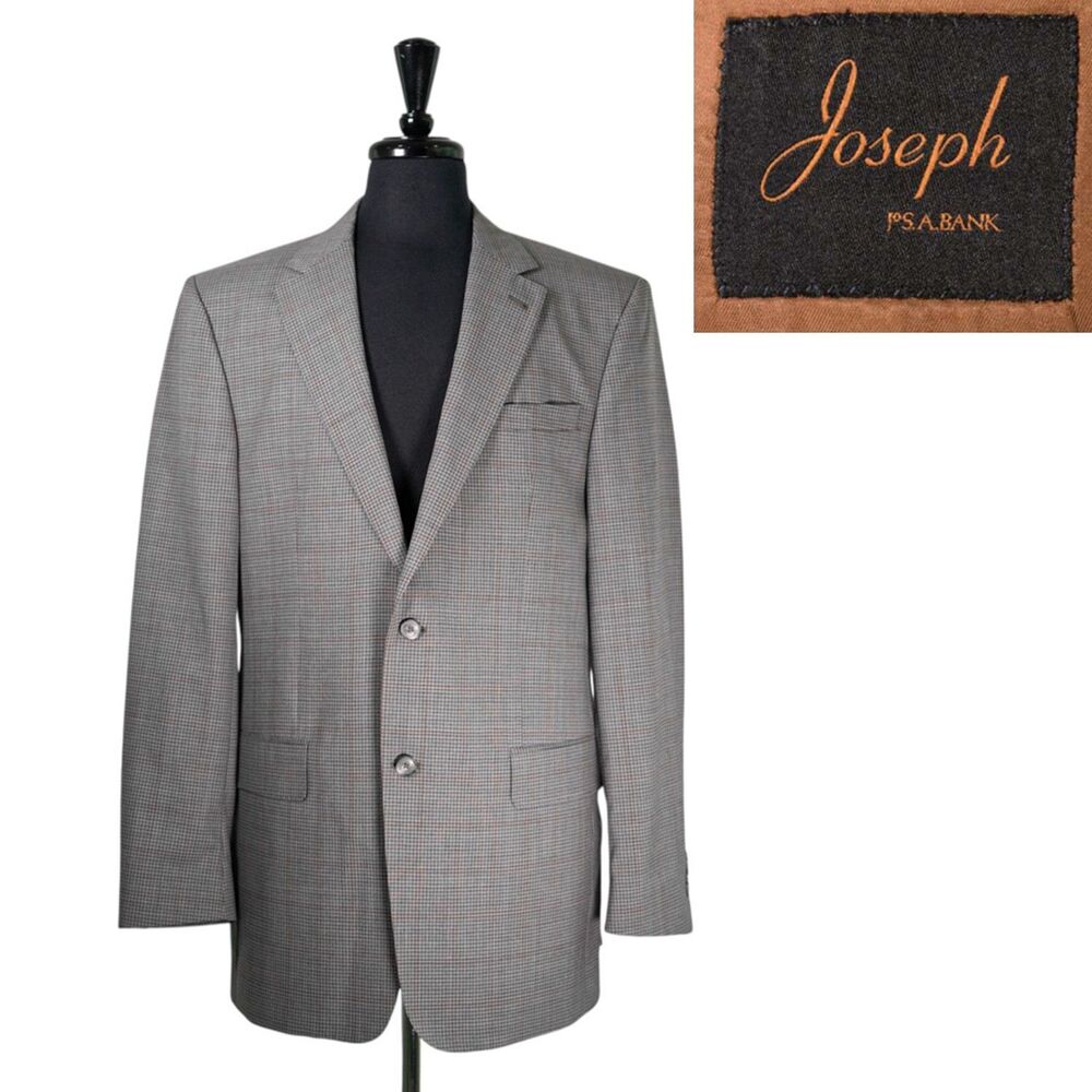 Jos. A. Bank Mens 42L Wool Blazer Gray Brown Check Sport Coat 2 Button Jacket